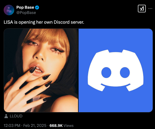 Screenshot of X post by Pop Base about Lisa opening a Discord Server